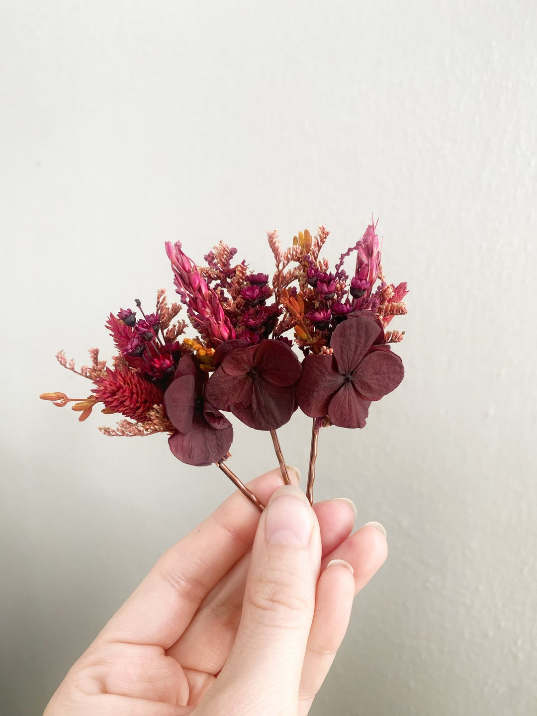Burgundy Hydrangea Hair Pins | Bridal Hair Accessories – handmade floral hair accessory by magaela