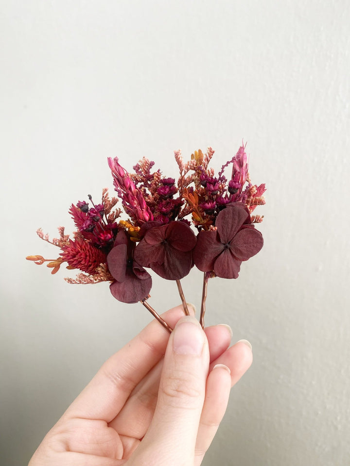 Burgundy Hydrangea Hair Pins | Bridal Hair Accessories – handmade floral hair accessory by magaela