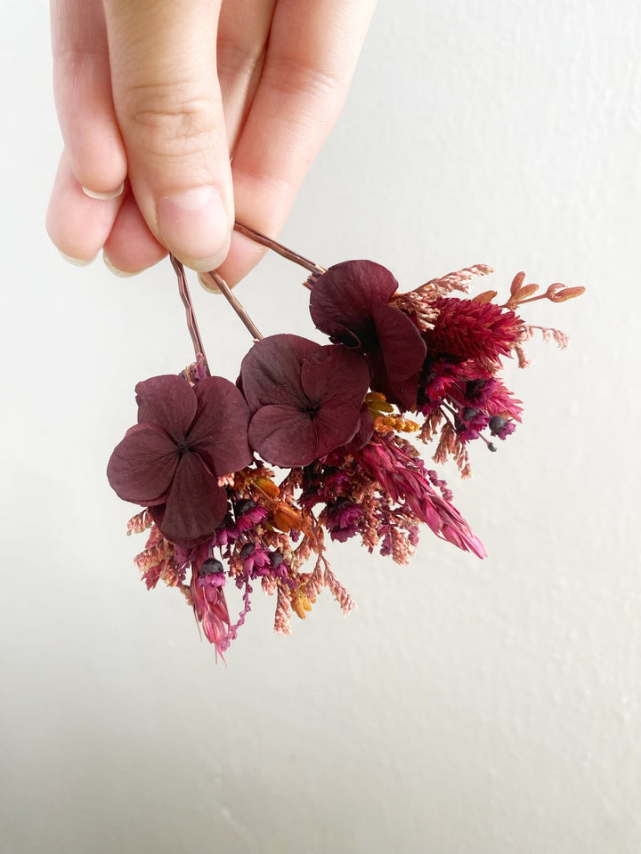 Burgundy Hydrangea Hair Pins | Bridal Hair Accessories – handmade floral hair accessory by magaela