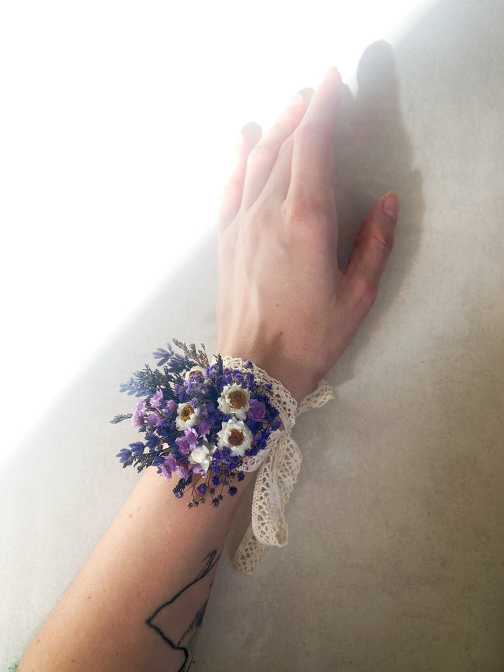 Lavender and White Gixie Wrist Corsage Bracelet | Bridal Accessory – handmade floral hair accessory by magaela