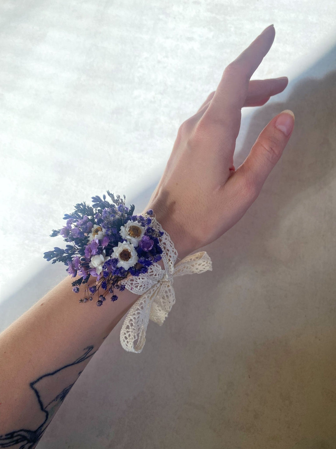 Lavender and White Gixie Wrist Corsage Bracelet | Bridal Accessory – handmade floral hair accessory by magaela