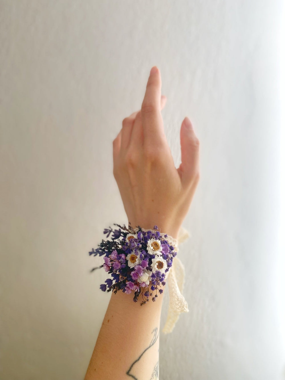 Lavender and White Gixie Wrist Corsage Bracelet | Bridal Accessory – handmade floral hair accessory by magaela