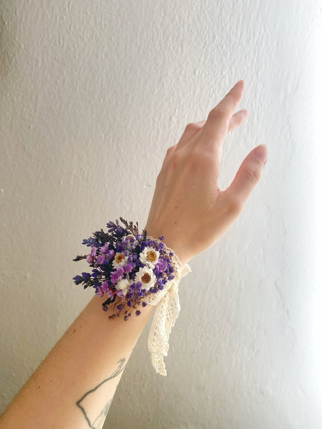 Lavender and White Gixie Wrist Corsage Bracelet | Bridal Accessory – handmade floral hair accessory by magaela