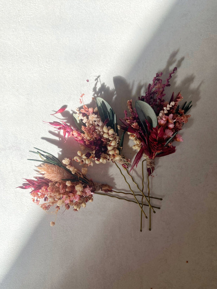 Burgundy and Blush Flower Hair Pins | Bridal Hair Accessories – handmade floral hair accessory by magaela