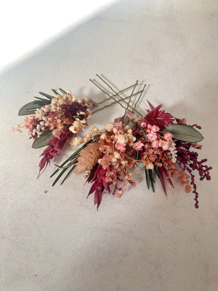 Burgundy and Blush Flower Hair Pins | Bridal Hair Accessories – handmade floral hair accessory by magaela