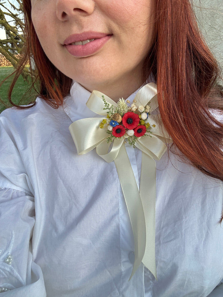 Satin Hair Bow with Poppies and Dried Flowers - Cream Floral Hair Accessory