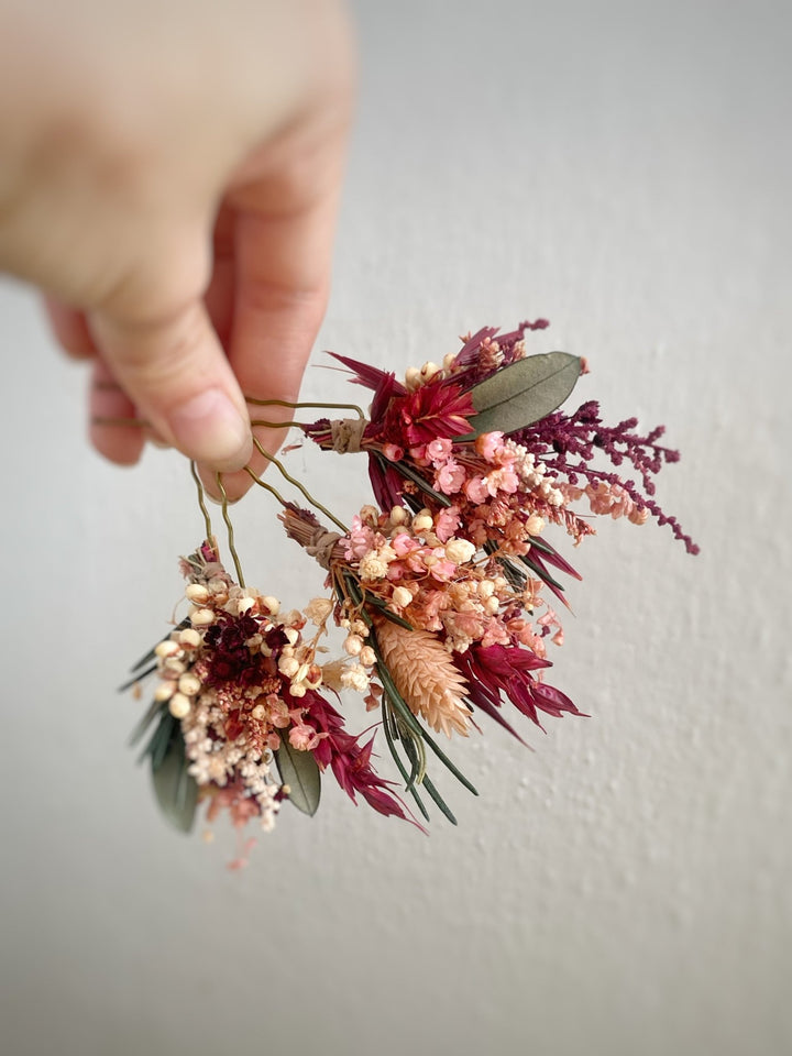 Burgundy and Blush Flower Hair Pins | Bridal Hair Accessories – handmade floral hair accessory by magaela