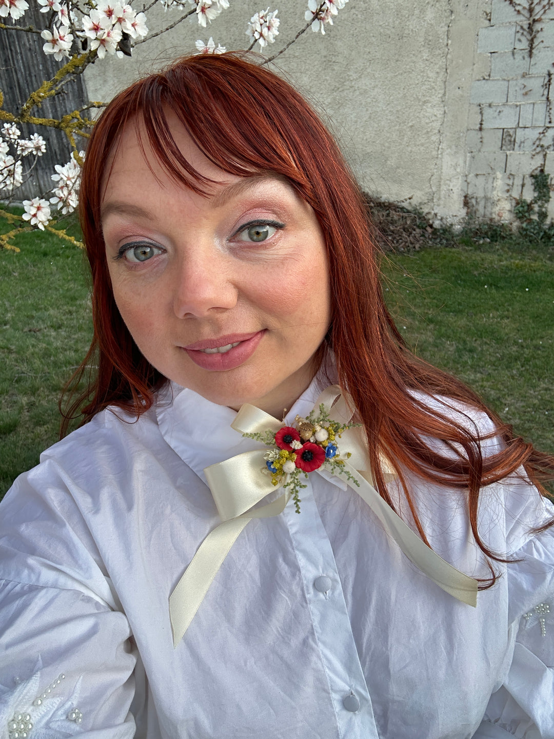 Satin Hair Bow with Poppies and Dried Flowers - Cream Floral Hair Accessory