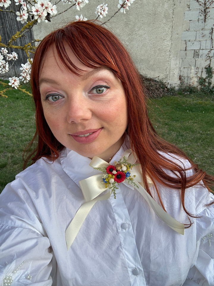 Satin Hair Bow with Poppies and Dried Flowers - Cream Floral Hair Accessory