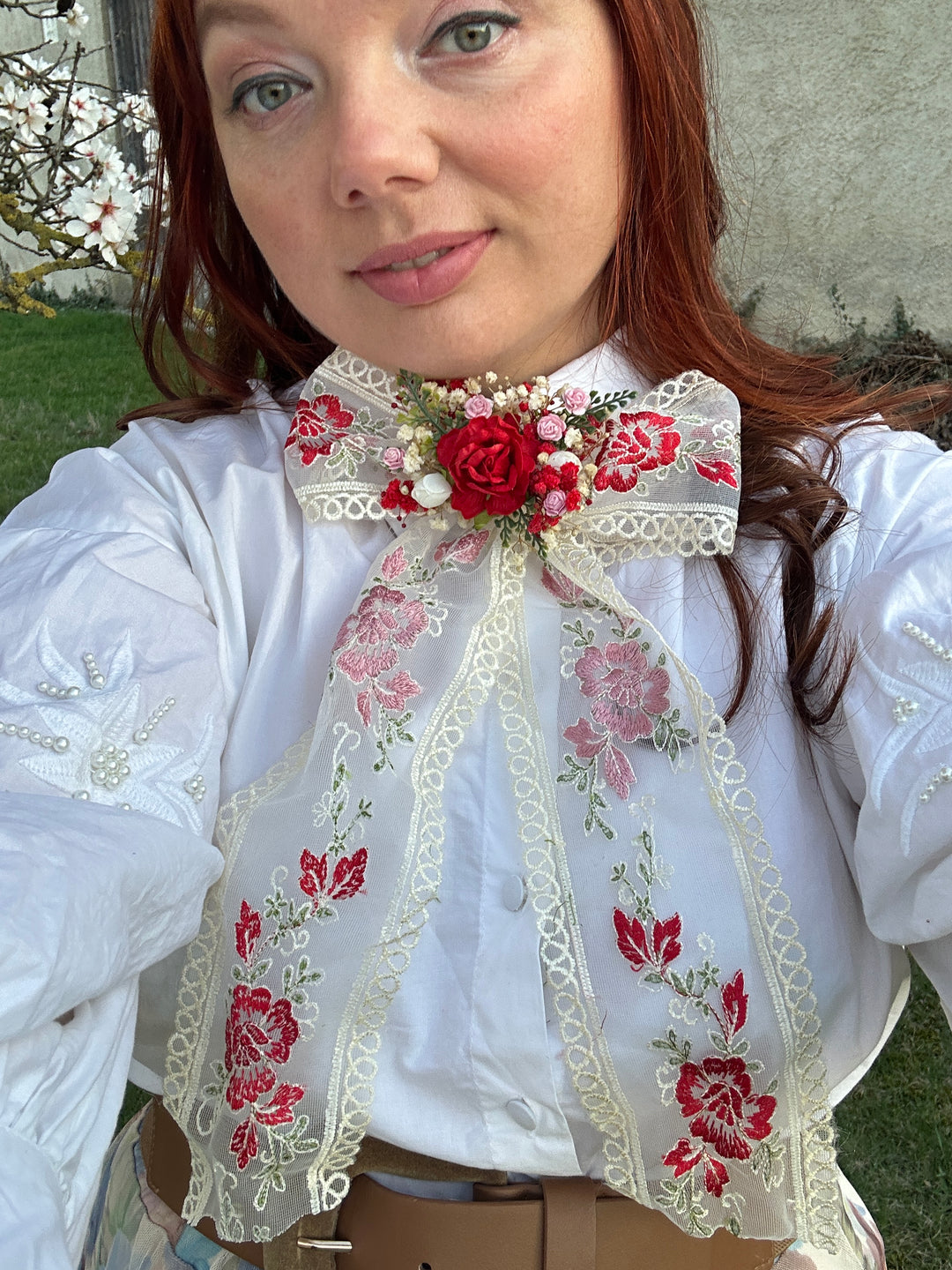 Bridal Lace Bow with Red Roses and Dried Flowers - Hair and Outfit Accessory