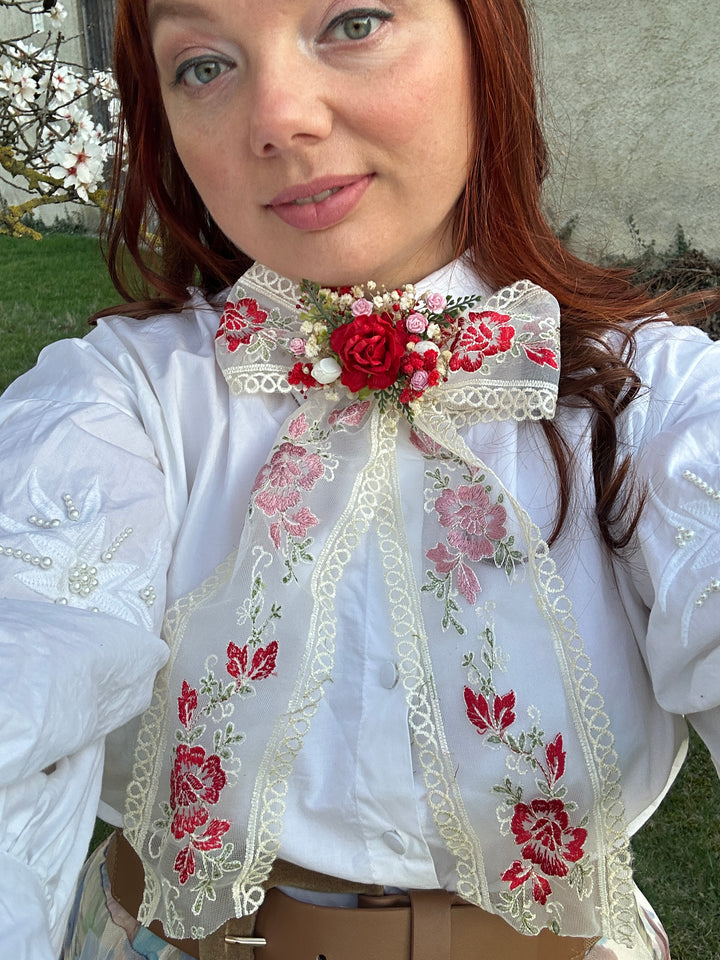 Bridal Lace Bow with Red Roses and Dried Flowers - Hair and Outfit Accessory