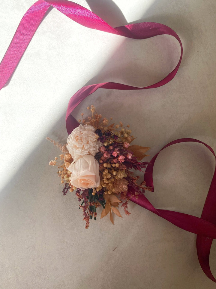 Burgundy and Blush Rose Wrist Corsage Bracelet | Bridal Accessory – handmade floral hair accessory by magaela
