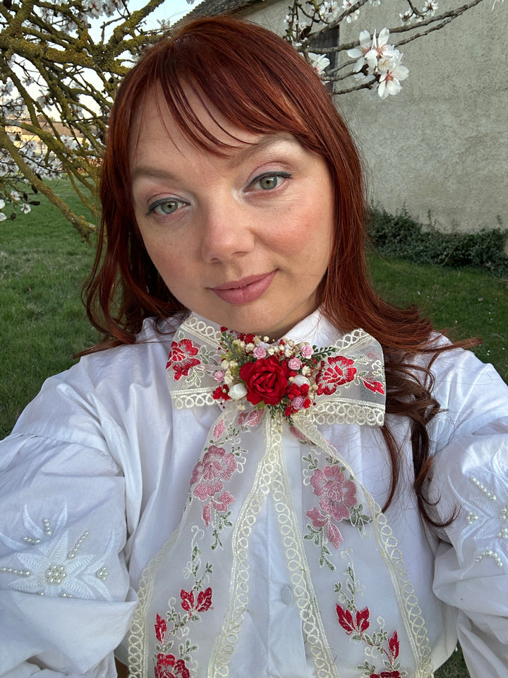 Bridal Lace Bow with Red Roses and Dried Flowers - Hair and Outfit Accessory