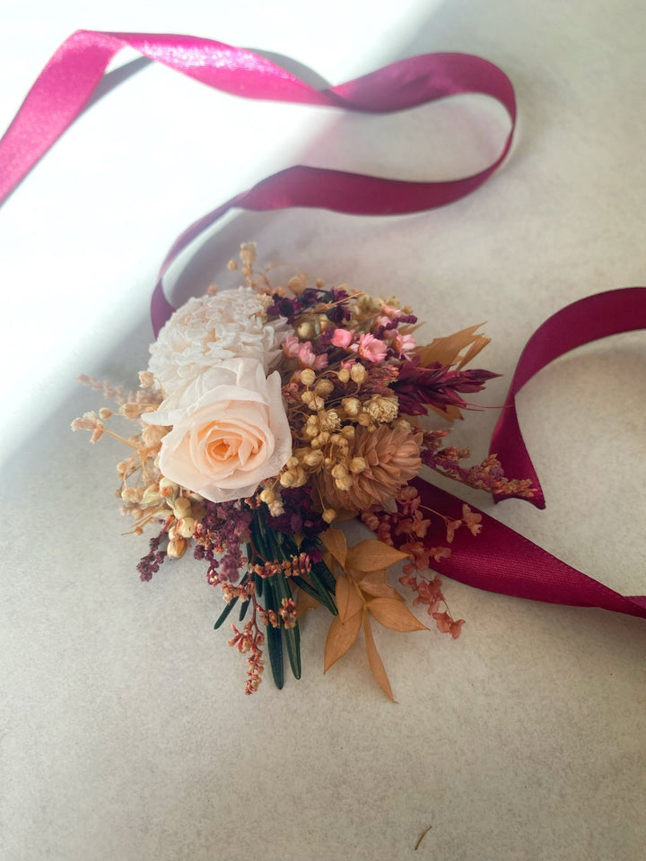 Burgundy and Blush Rose Wrist Corsage Bracelet | Bridal Accessory – handmade floral hair accessory by magaela
