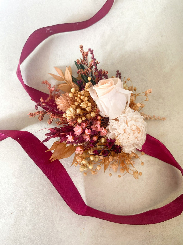 Burgundy and Blush Rose Wrist Corsage Bracelet | Bridal Accessory – handmade floral hair accessory by magaela