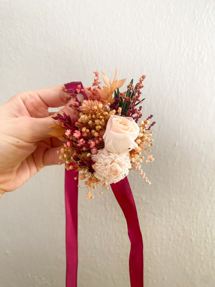 Burgundy and Blush Rose Wrist Corsage Bracelet | Bridal Accessory – handmade floral hair accessory by magaela