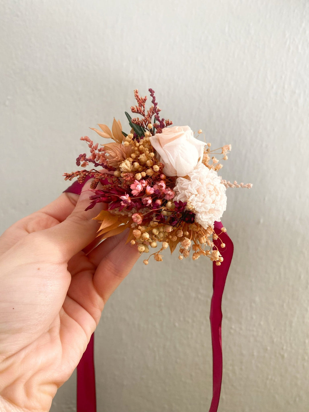 Burgundy and Blush Rose Wrist Corsage Bracelet | Bridal Accessory – handmade floral hair accessory by magaela