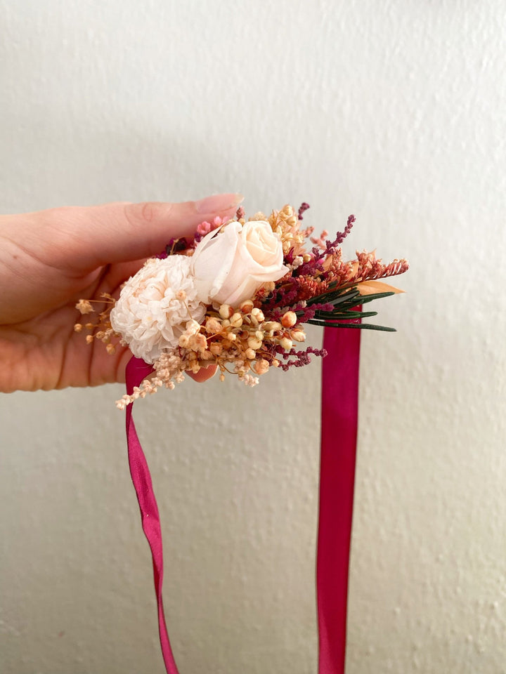 Burgundy and Blush Rose Wrist Corsage Bracelet | Bridal Accessory – handmade floral hair accessory by magaela