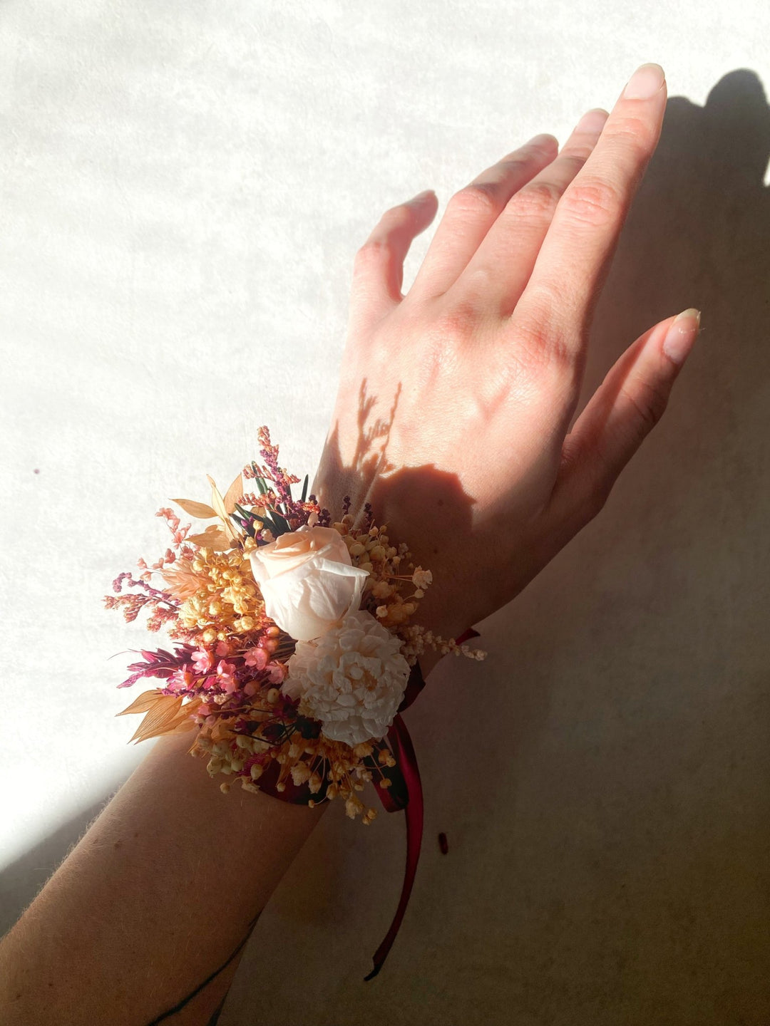Burgundy and Blush Rose Wrist Corsage Bracelet | Bridal Accessory – handmade floral hair accessory by magaela