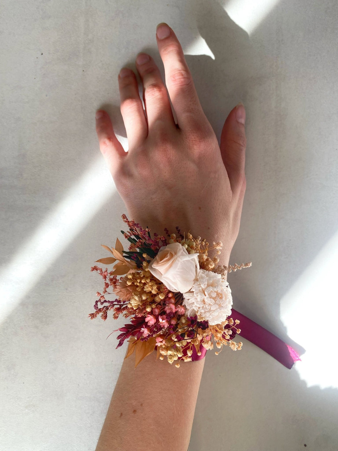 Burgundy and Blush Rose Wrist Corsage Bracelet | Bridal Accessory – handmade floral hair accessory by magaela