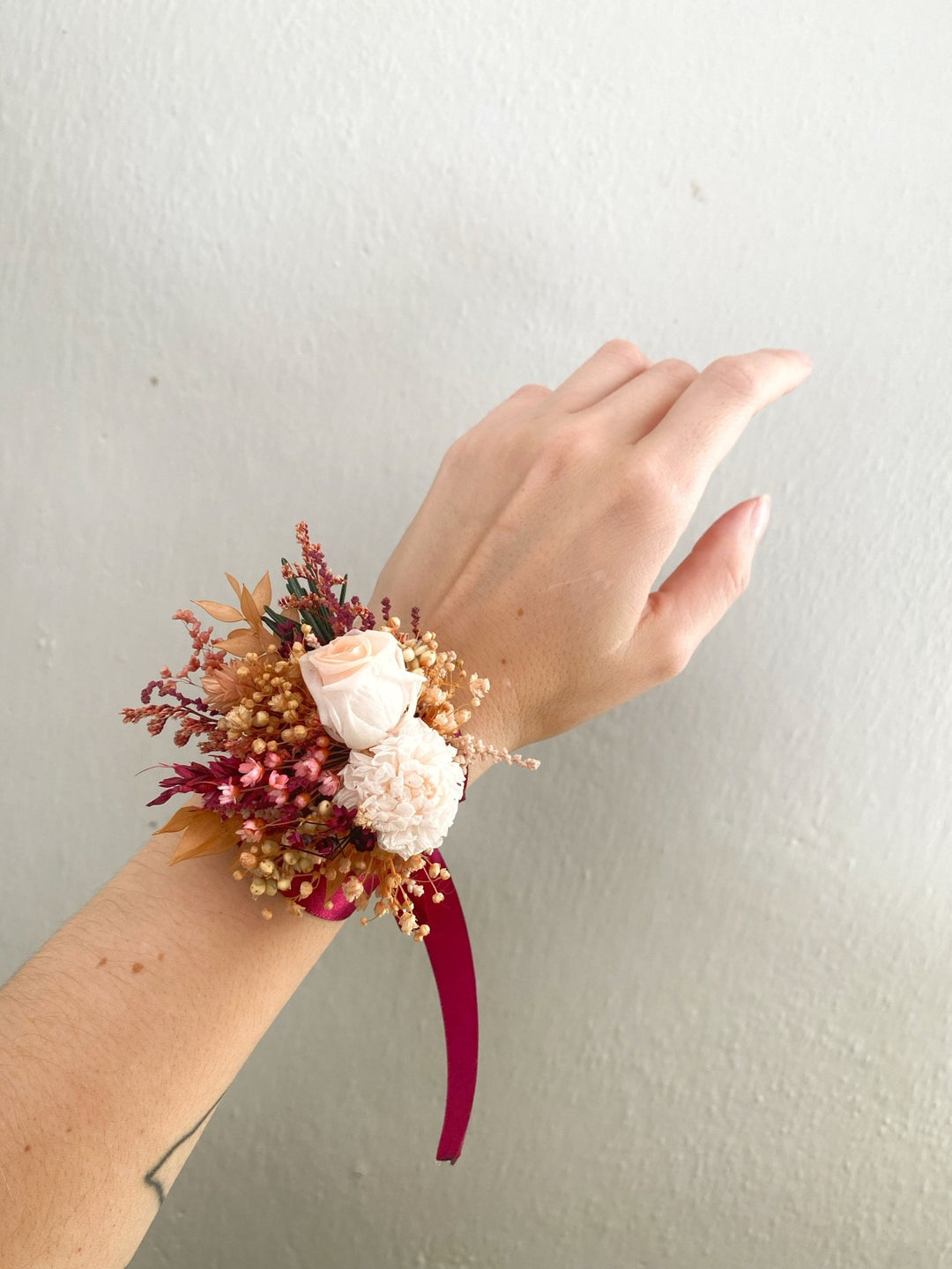 Burgundy and Blush Rose Wrist Corsage Bracelet | Bridal Accessory – handmade floral hair accessory by magaela