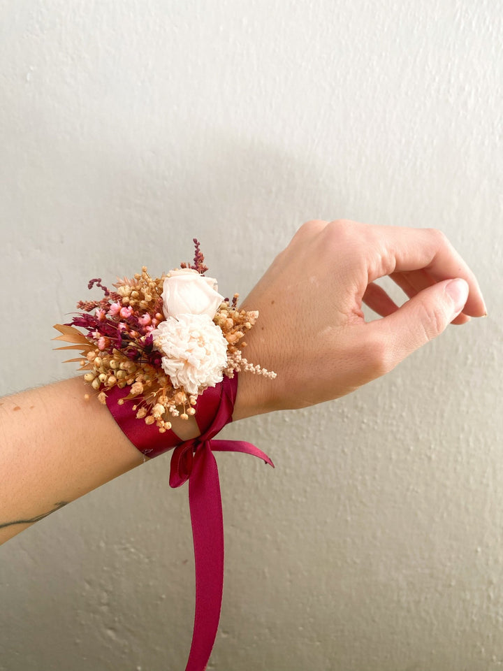Burgundy and Blush Rose Wrist Corsage Bracelet | Bridal Accessory – handmade floral hair accessory by magaela