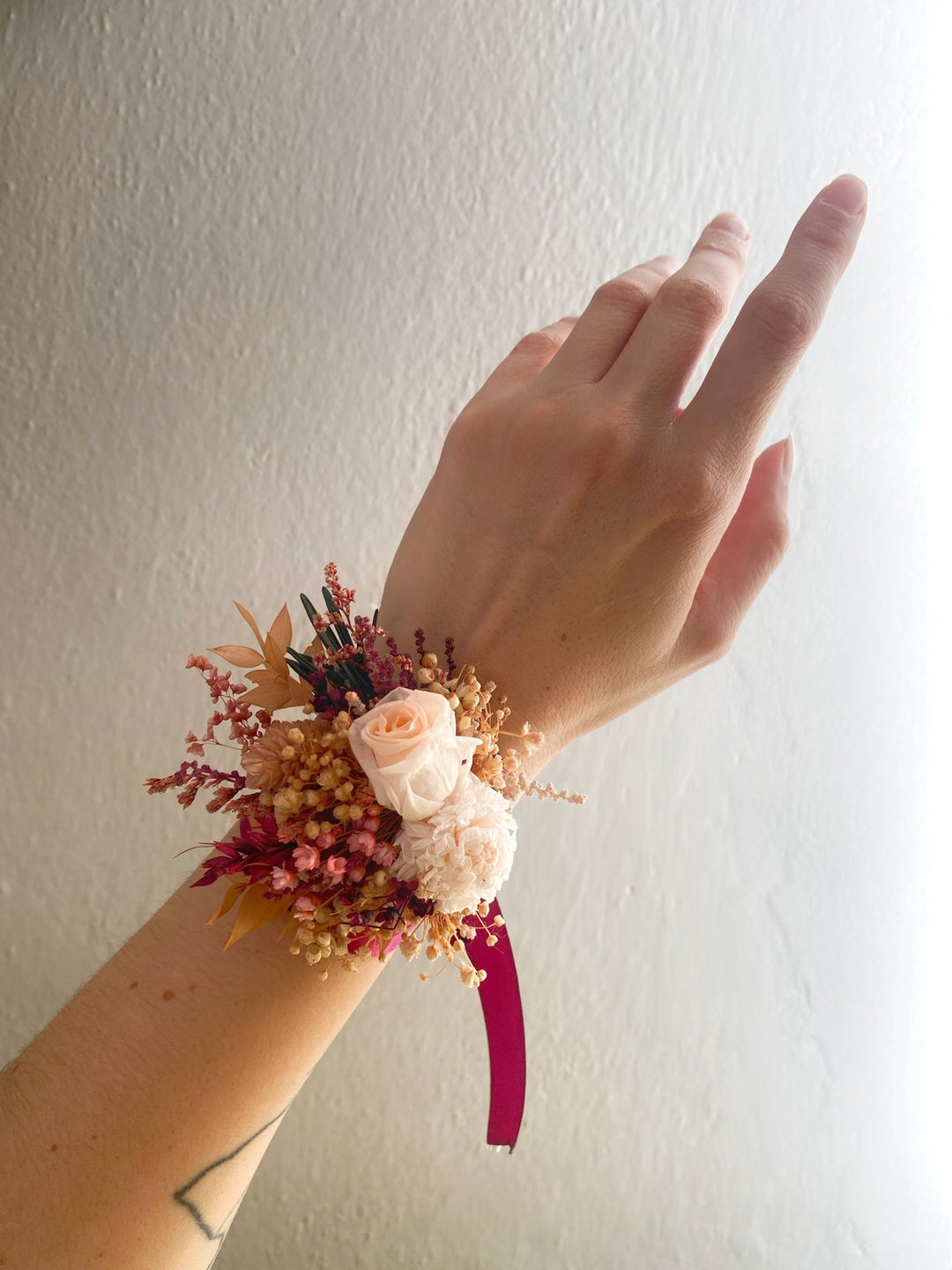 Burgundy and Blush Rose Wrist Corsage Bracelet | Bridal Accessory – handmade floral hair accessory by magaela