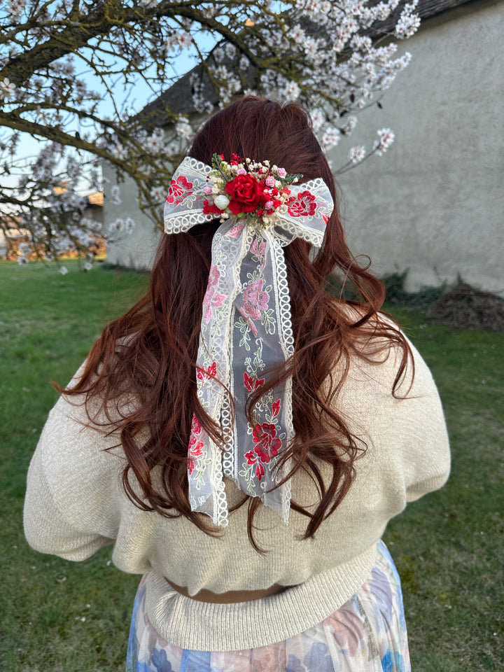 Bridal Lace Bow with Red Roses and Dried Flowers - Hair and Outfit Accessory