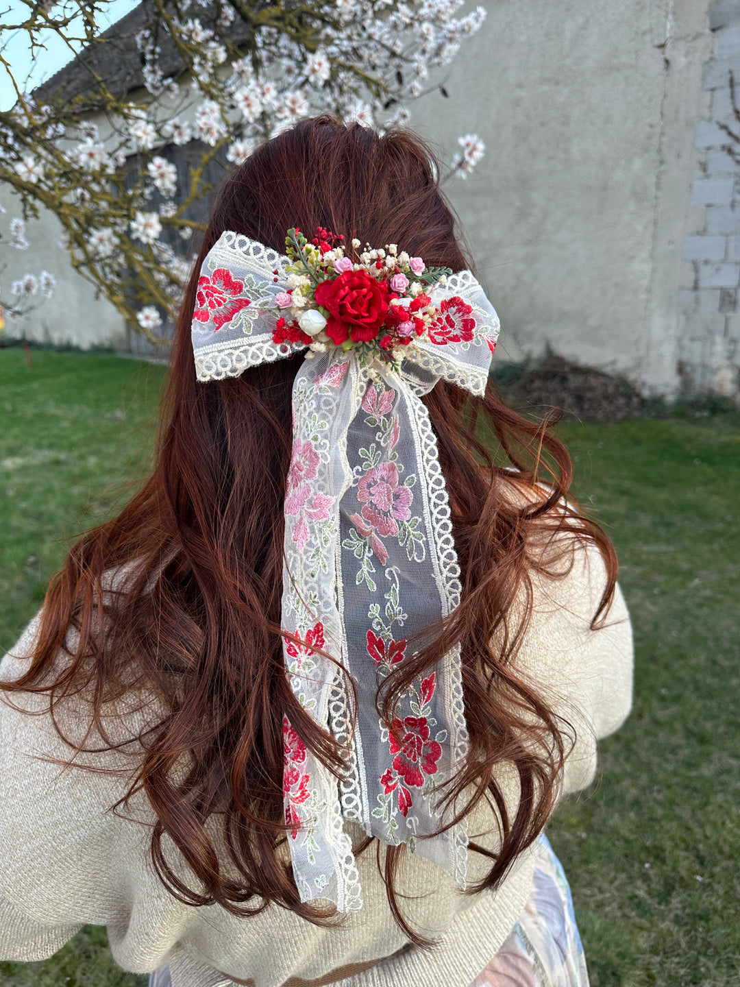 Bridal Lace Bow with Red Roses and Dried Flowers - Hair and Outfit Accessory