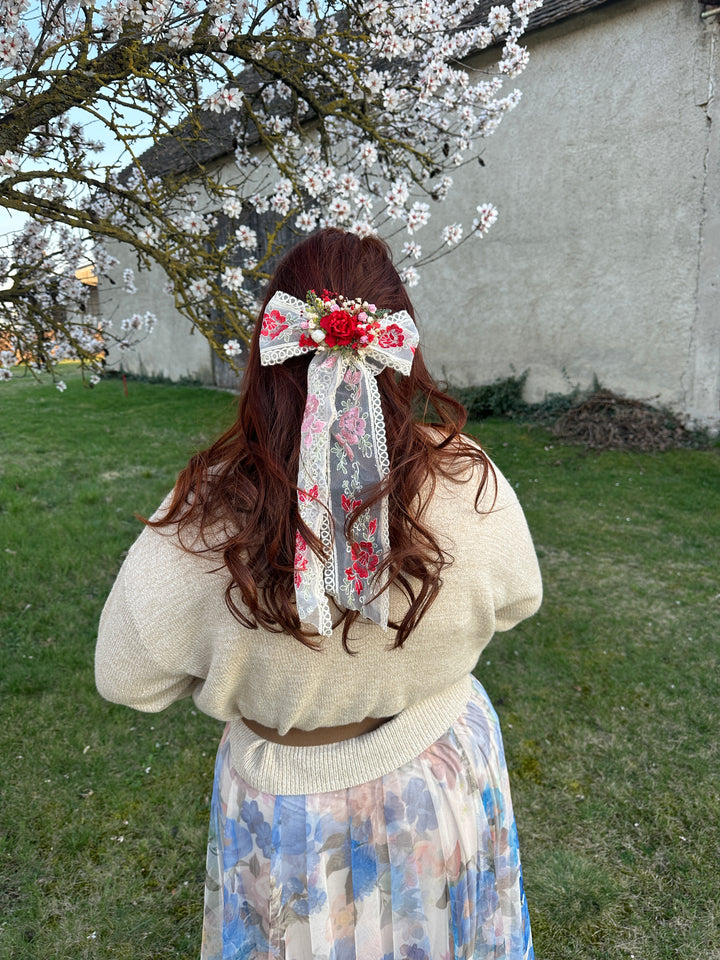 Bridal Lace Bow with Red Roses and Dried Flowers - Hair and Outfit Accessory