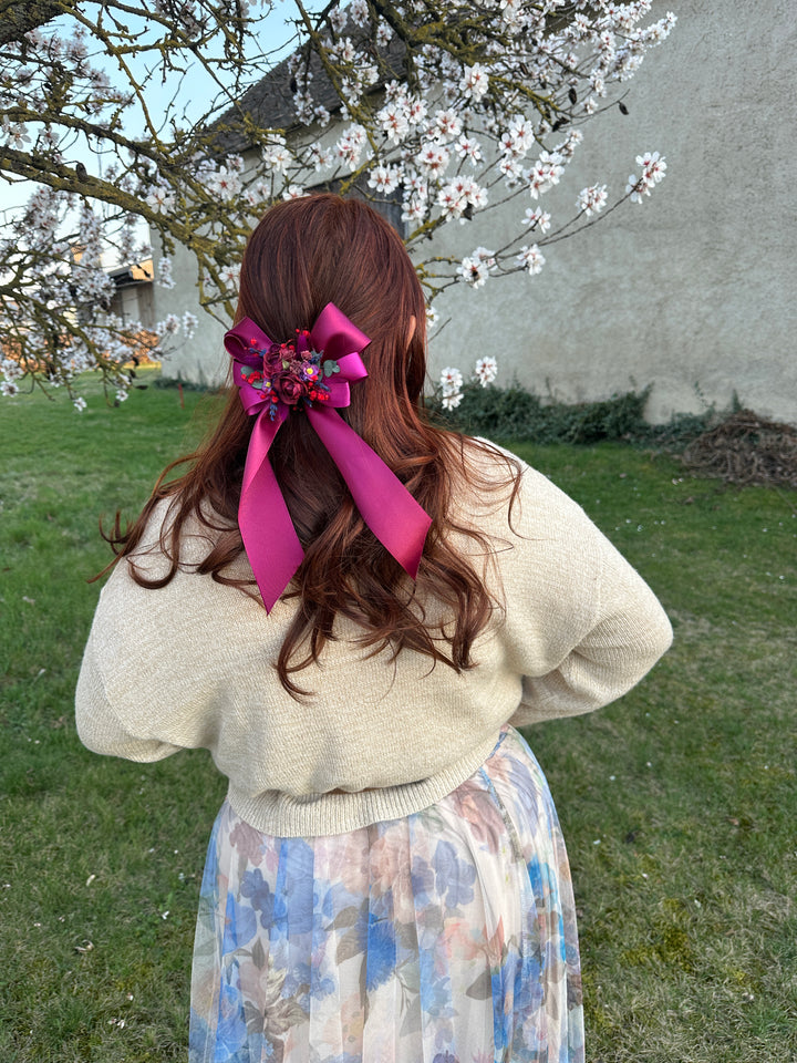 Floral Satin Bow in Magenta with Burgundy Roses and Berries