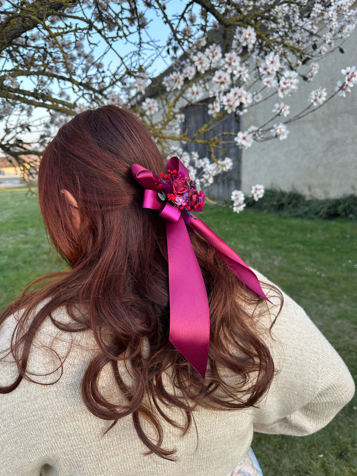 Floral Satin Bow in Magenta with Burgundy Roses and Berries