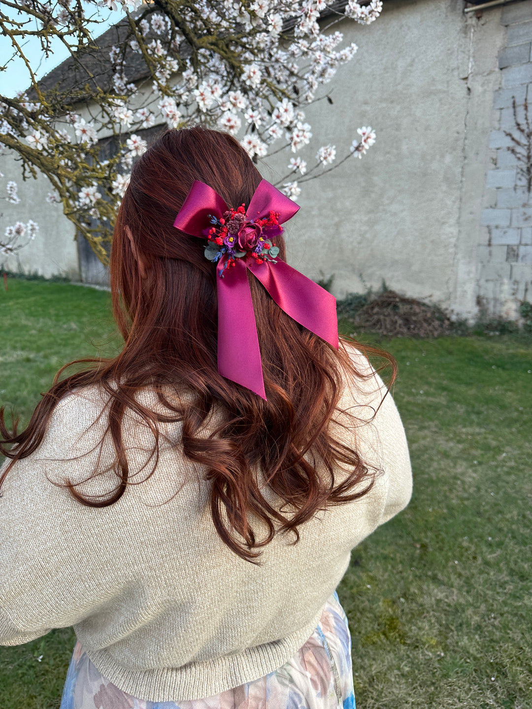 Floral Satin Bow in Magenta with Burgundy Roses and Berries