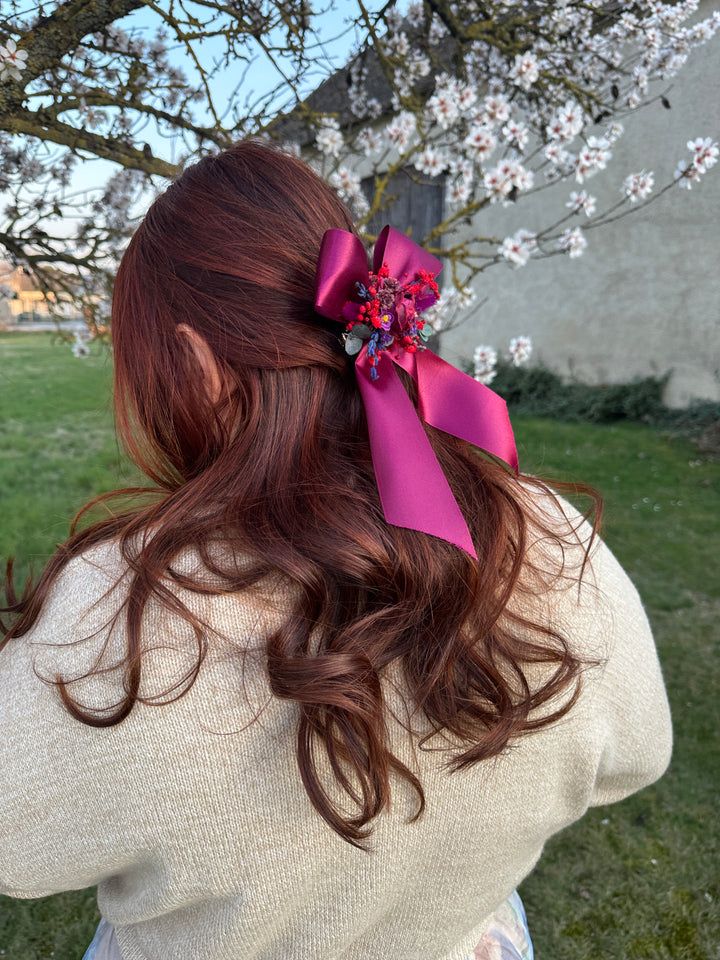 Floral Satin Bow in Magenta with Burgundy Roses and Berries