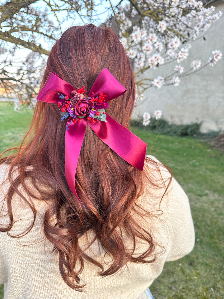 Floral Satin Bow in Magenta with Burgundy Roses and Berries