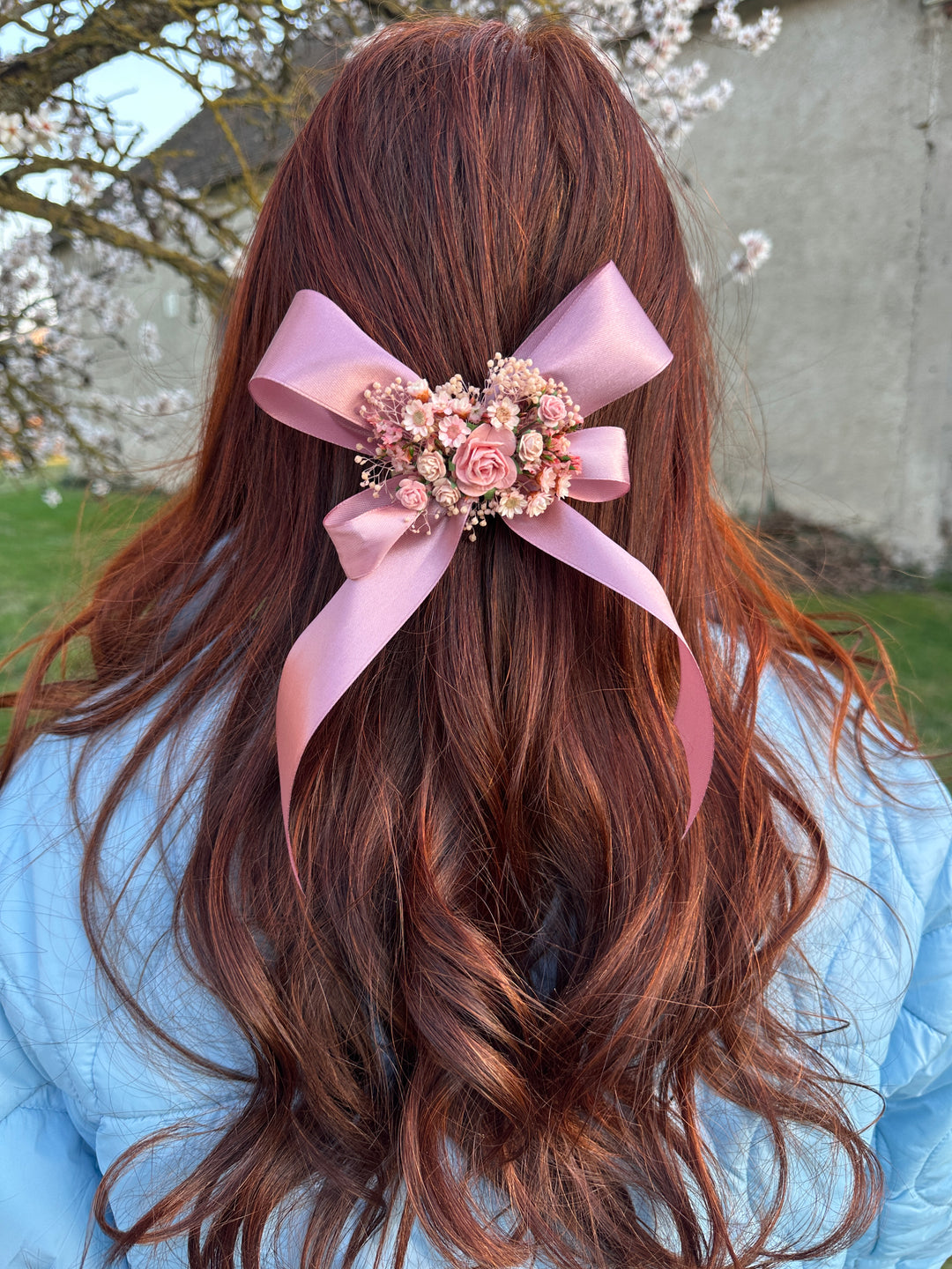 Floral Satin Bow in Dusty Pink with Roses and Dried Flowers