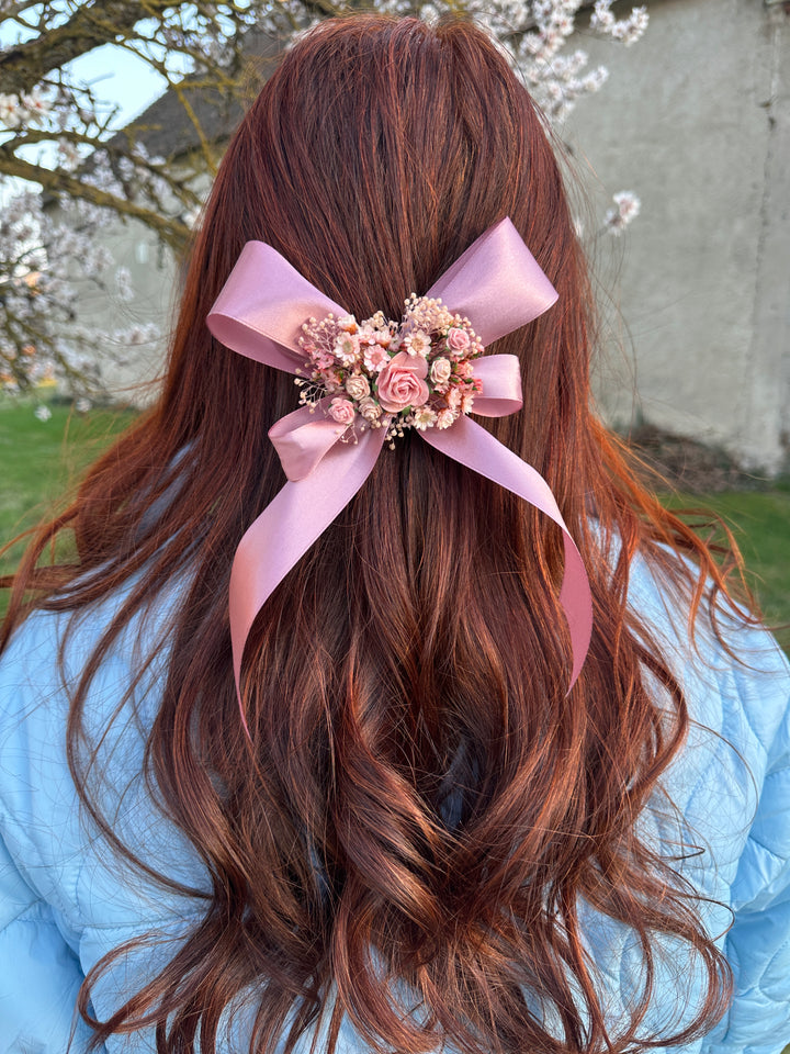 Floral Satin Bow in Dusty Pink with Roses and Dried Flowers