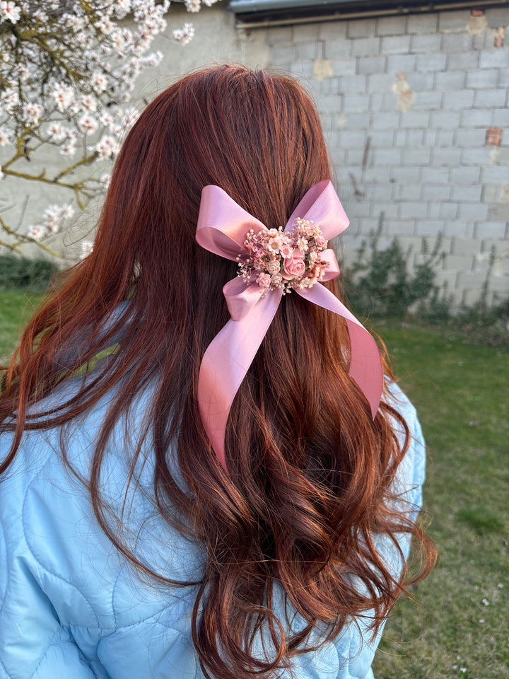 Floral Satin Bow in Dusty Pink with Roses and Dried Flowers