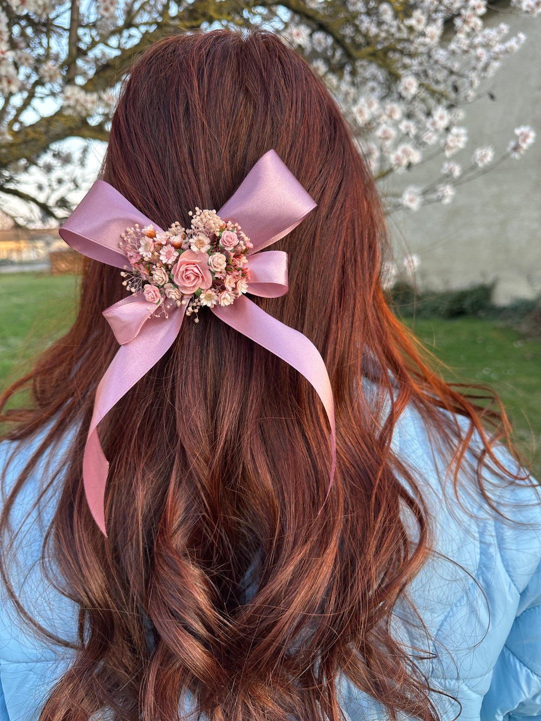 Floral Satin Bow in Dusty Pink with Roses and Dried Flowers