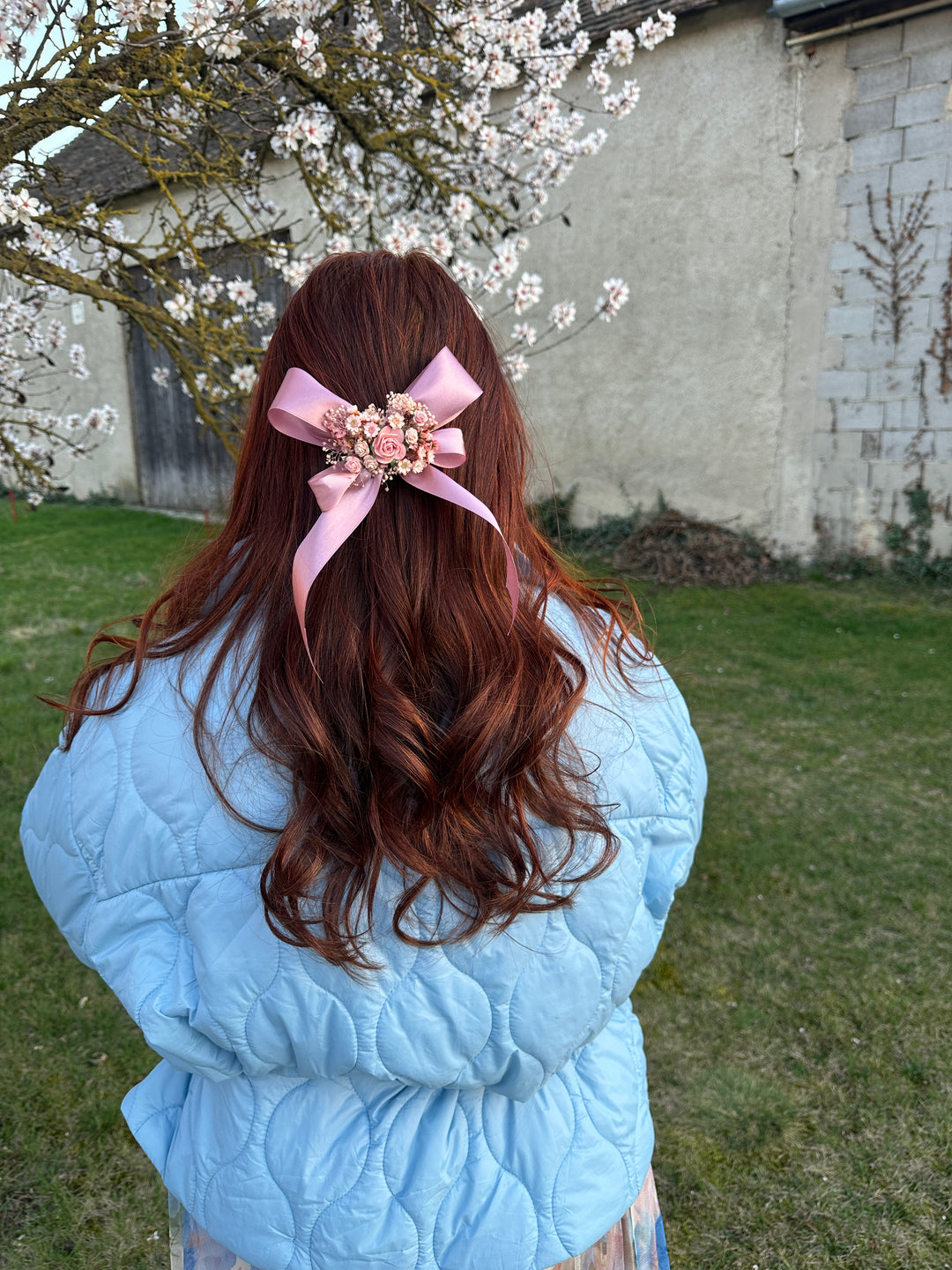 Floral Satin Bow in Dusty Pink with Roses and Dried Flowers