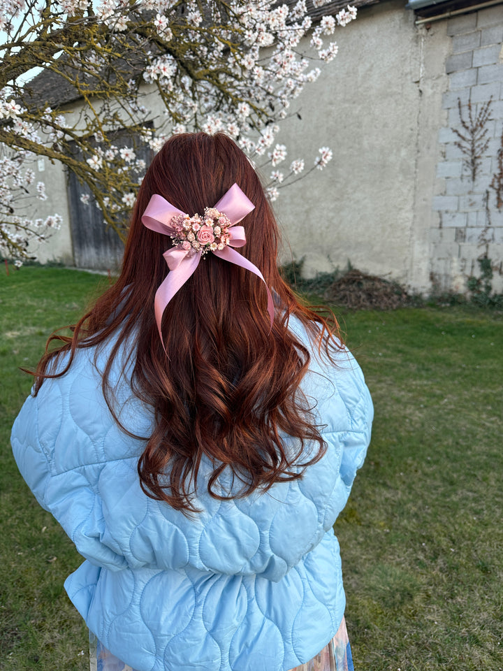 Floral Satin Bow in Dusty Pink with Roses and Dried Flowers