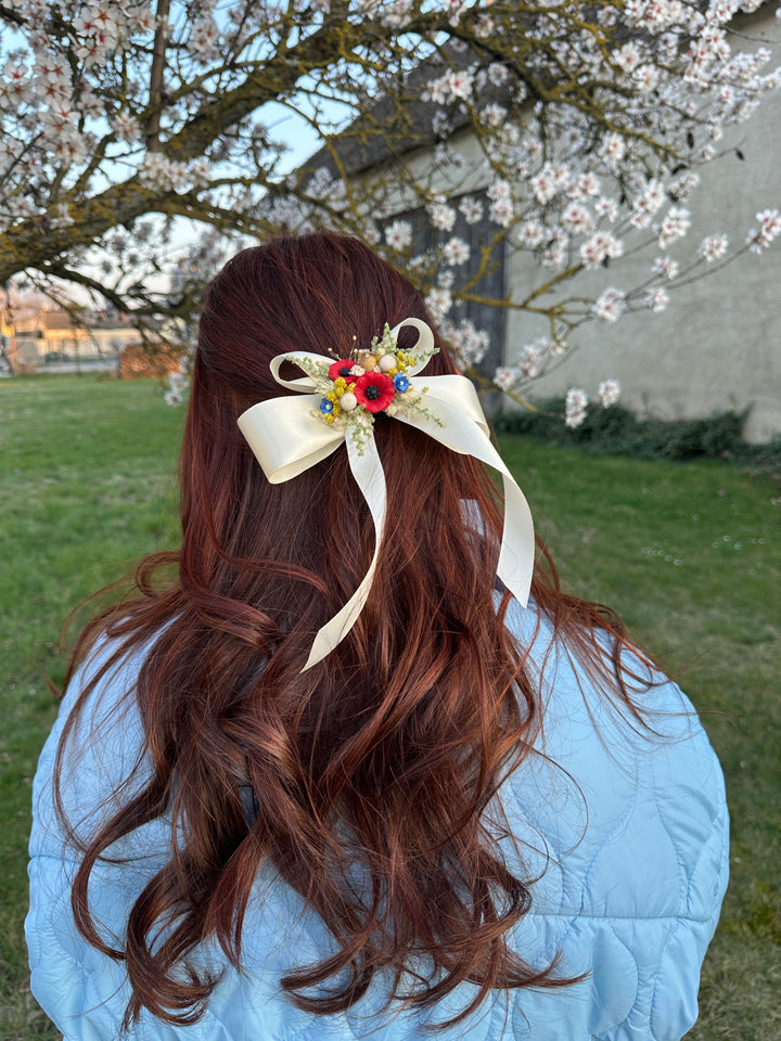 Satin Hair Bow with Poppies and Dried Flowers - Cream Floral Hair Accessory