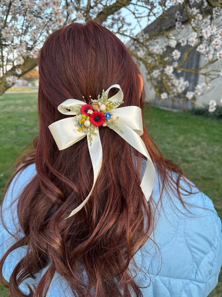 Satin Hair Bow with Poppies and Dried Flowers - Cream Floral Hair Accessory