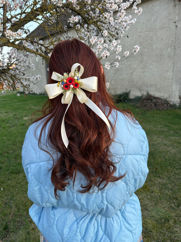 Satin Hair Bow with Poppies and Dried Flowers - Cream Floral Hair Accessory