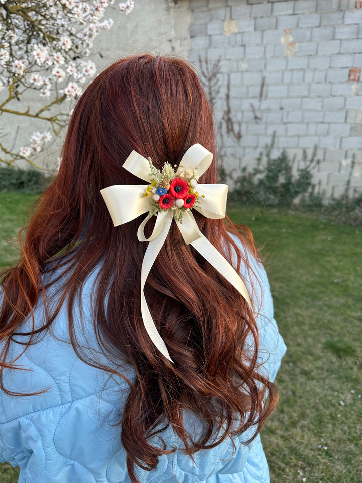 Satin Hair Bow with Poppies and Dried Flowers - Cream Floral Hair Accessory