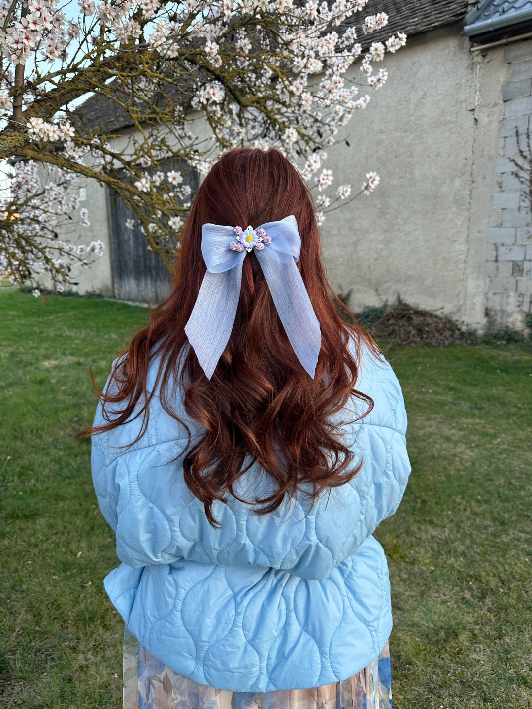 Blue Floral Bow Hair Clip with Daisies – Romantic Wedding Hair Bow, Something Blue Bridal Hair Accessory – handmade floral hair accessory by magaela