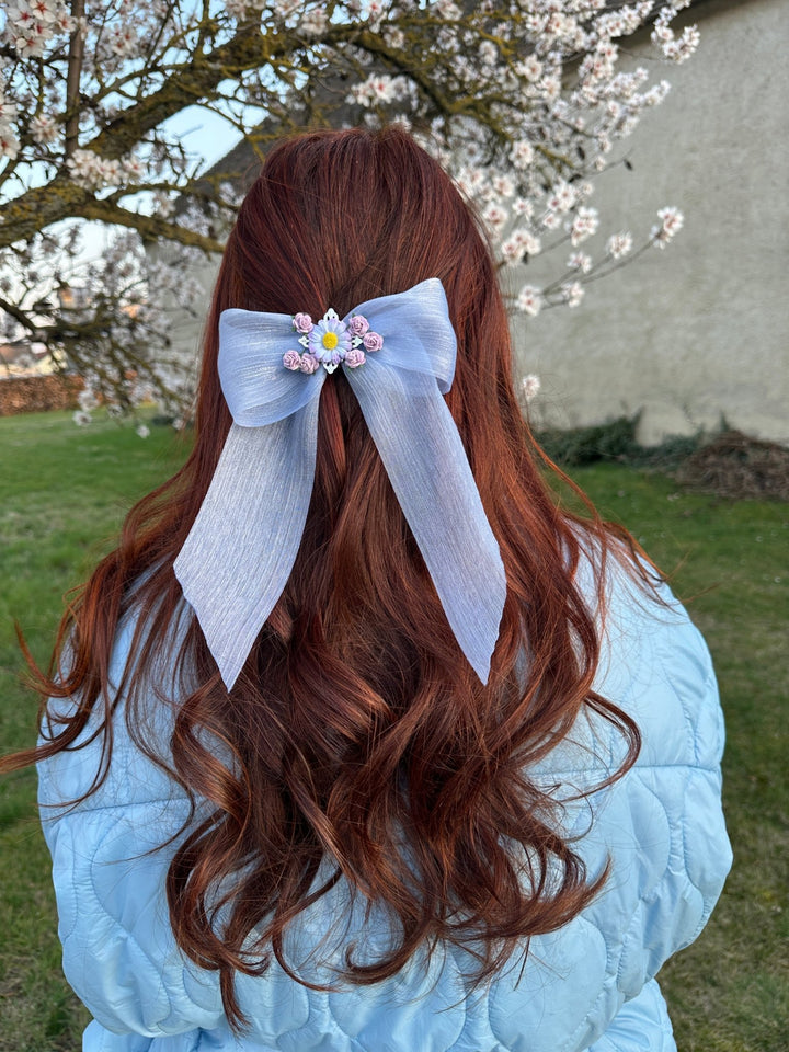 Blue Floral Bow Hair Clip with Daisies – Romantic Wedding Hair Bow, Something Blue Bridal Hair Accessory – handmade floral hair accessory by magaela