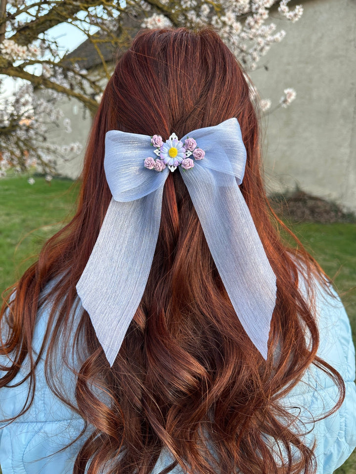 Blue Floral Bow Hair Clip with Daisies – Romantic Wedding Hair Bow, Something Blue Bridal Hair Accessory – handmade floral hair accessory by magaela