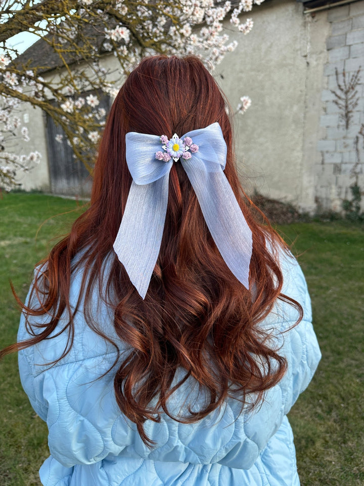 Blue Floral Bow Hair Clip with Daisies – Romantic Wedding Hair Bow, Something Blue Bridal Hair Accessory – handmade floral hair accessory by magaela