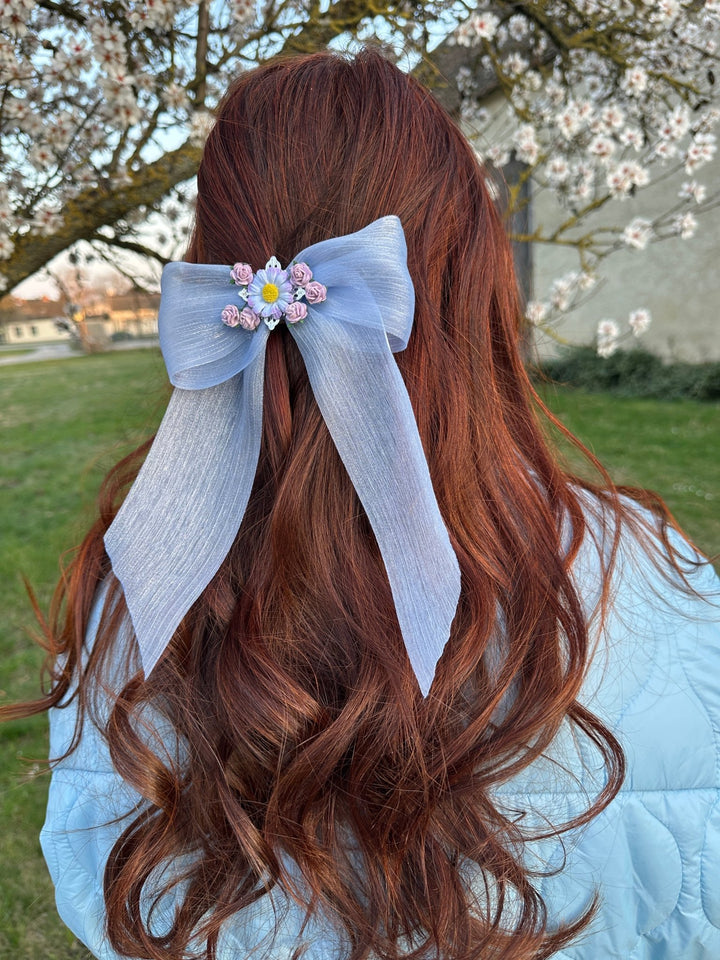 Blue Floral Bow Hair Clip with Daisies – Romantic Wedding Hair Bow, Something Blue Bridal Hair Accessory – handmade floral hair accessory by magaela